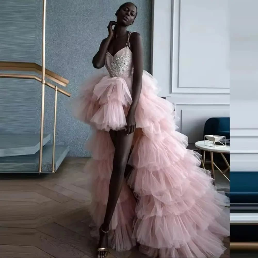 Squisiti abiti da ballo rosa alti e bassi con spalline perline applicazioni a strati abito da compleanno per ragazze nero per foto adolescenti G