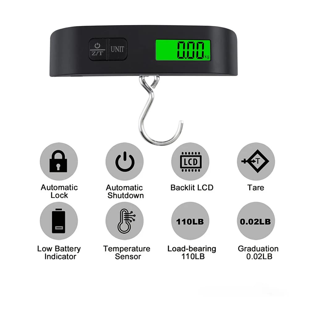 Bilancia digitale portatile per bagagli Display LCD da 110 libbre/50 kg Bilancia elettronica a gancio per strumento di bilanciamento del peso dei bagagli da viaggio