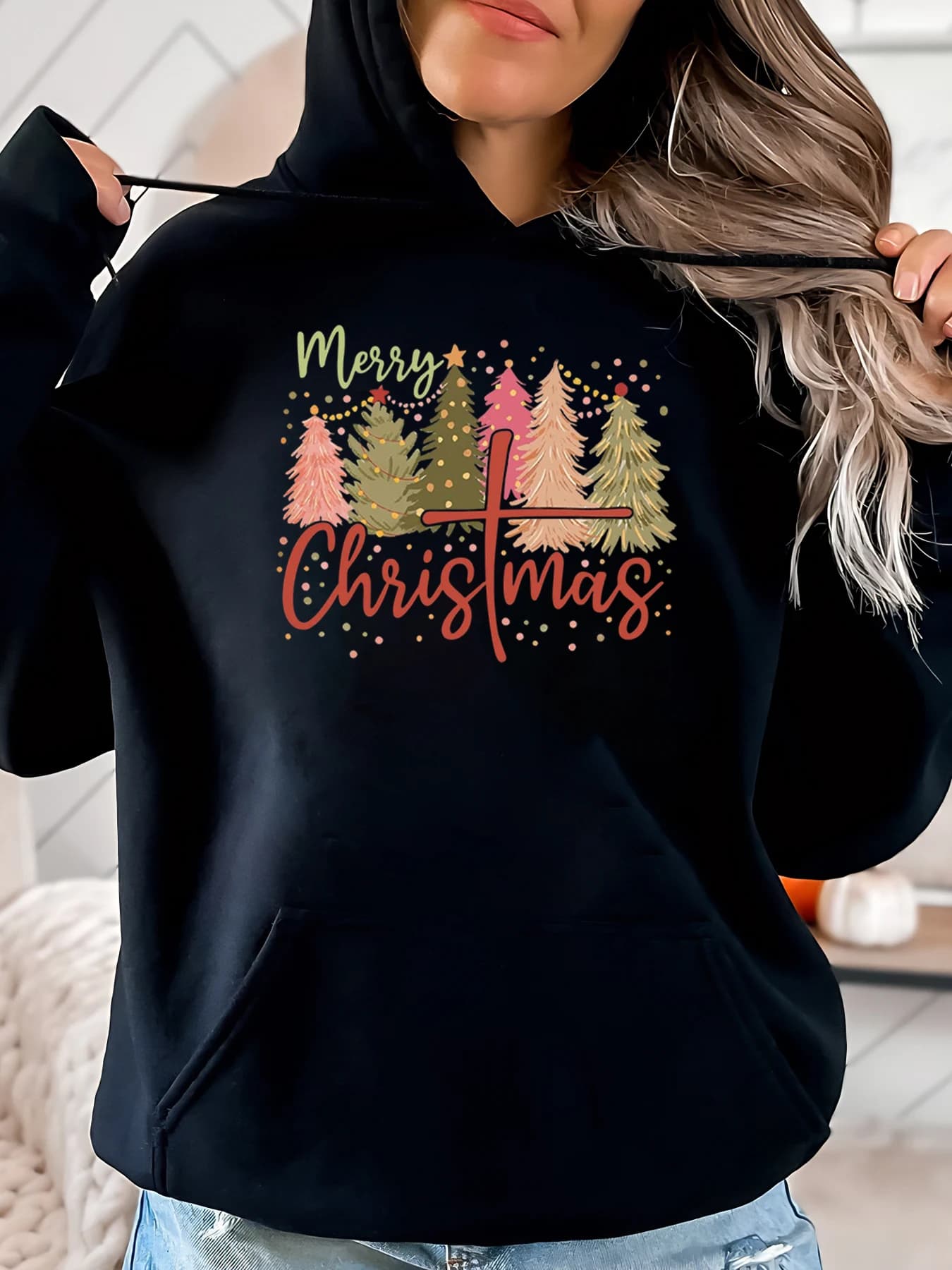 Felpa con cappuccio con stampa albero di Natale per le vacanze Abbigliamento casual da donna Nero Taglie forti