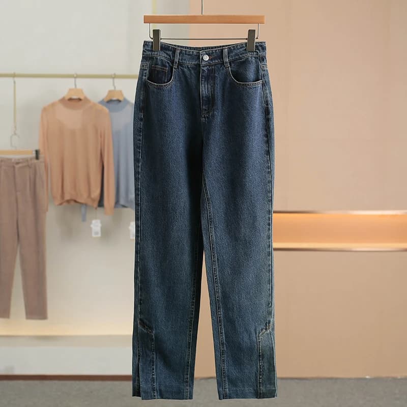 High Waist Straight Leg Slit Design Denim Jeans Containing Lyocell Spring New Arrival Women's Fashion Nine Points Zipper Closure