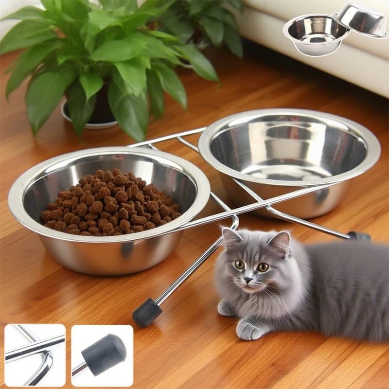 Nuovo doppio ciotola per animali domestici da terra in acciaio inossidabile Supporto in ferro durevole Piatti per acqua per alimenti Antiscivolo Alimentatore per cuccioli Forniture per animali domestici kez
