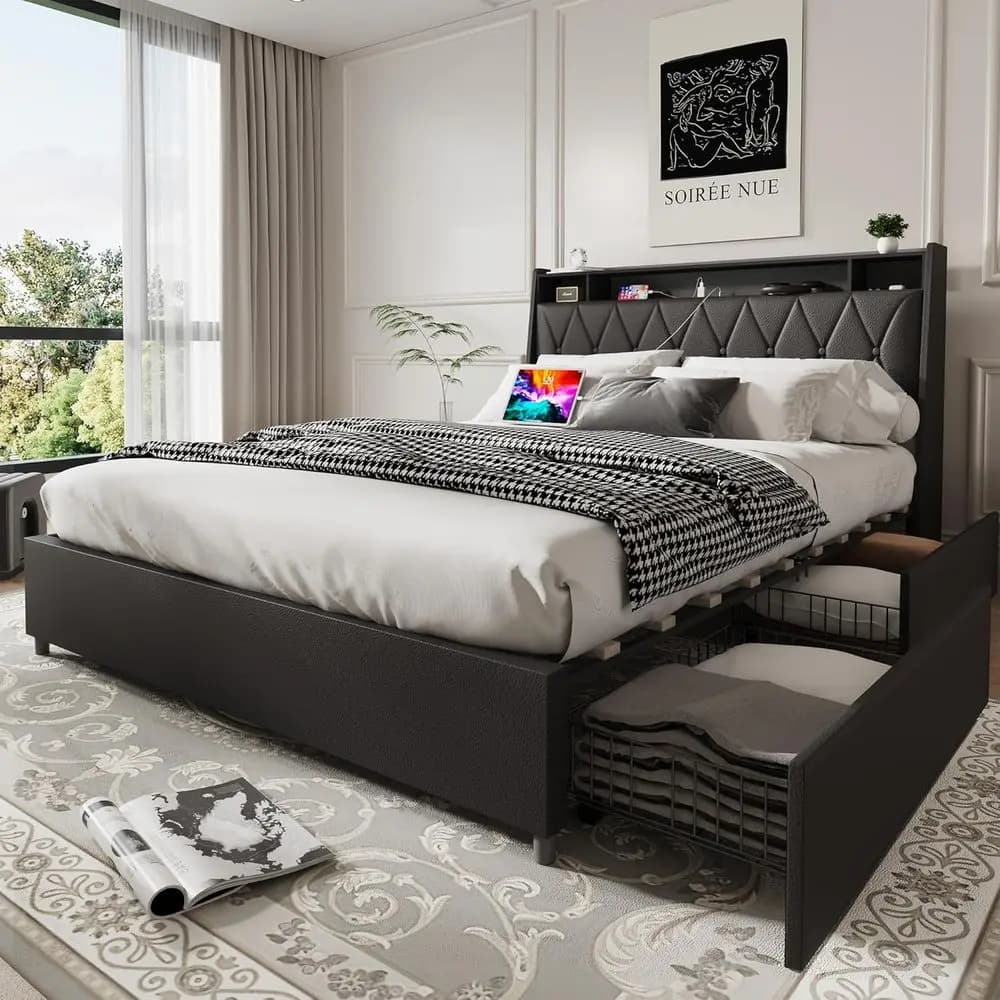 Life-size metal platform bed with 2-level shelf, 4 drawers and USB-C charging station, leather-effect fabric coating, without spring mattress
