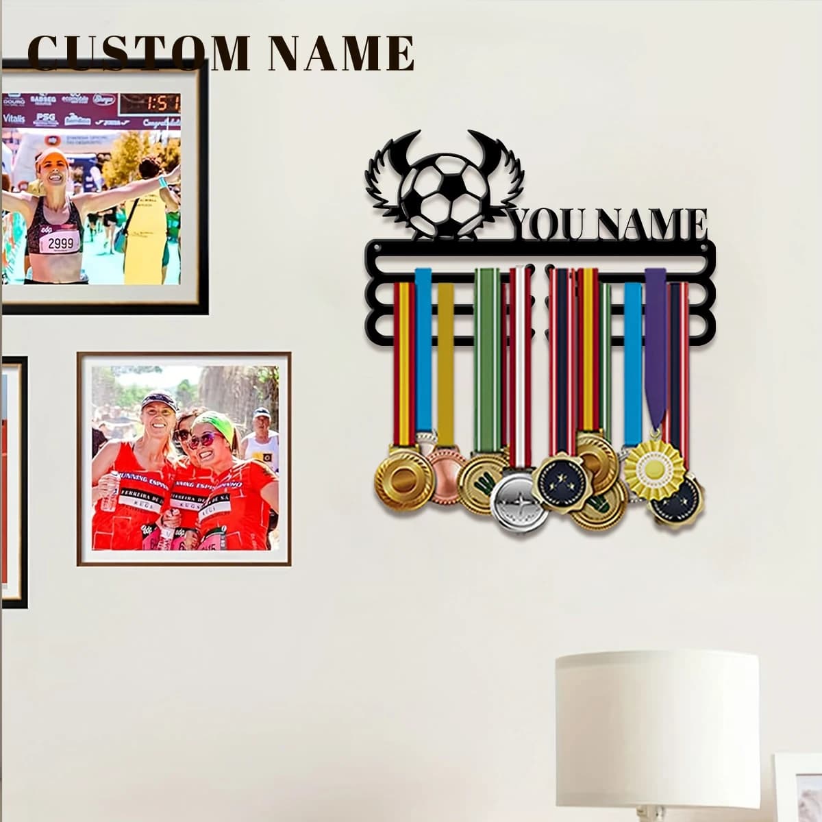 1pc Custom Football Angel Metal Medal Holder,Sports Carnival Hang Metal Wall Art Suitable for Running Marathon Sports Record