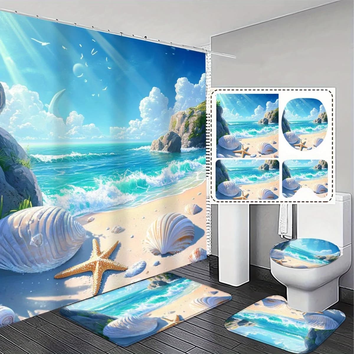 Set da Bagno Tema Nautico e Spiaggia, Tenda Doccia 2D, Tappetini Antiscivolo Assorbenti, Copri WC, Decorazione Casa, Regalo