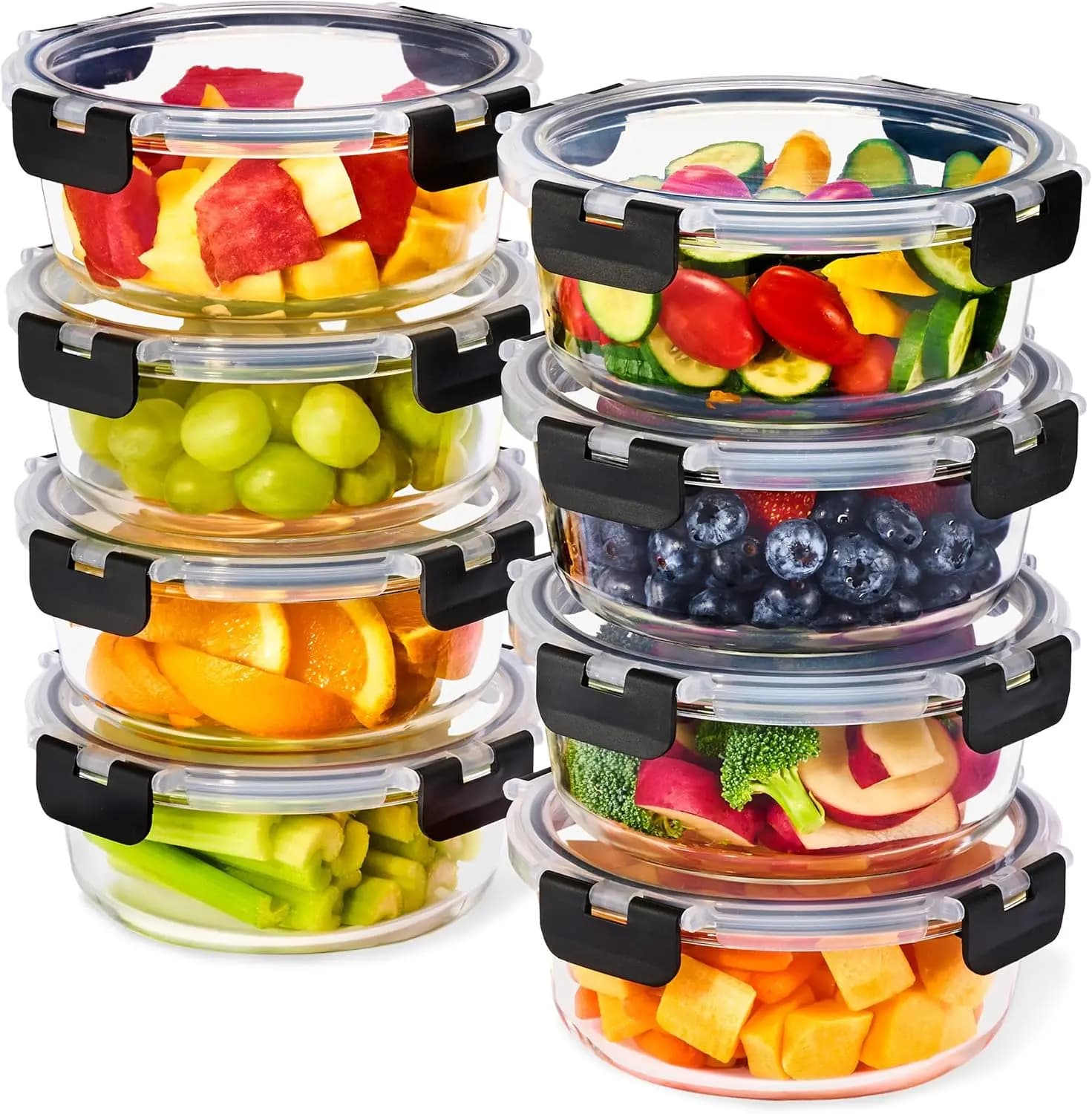 Set da 16 Pezzi in Vetro per Preparazione Pasti: 8 Contenitori Rotondi Ermetici, Adatti per Congelatore/Lavastoviglie/Forno, Riutilizzabili per Conservazione Alimenti