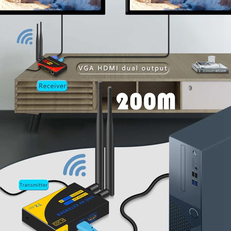 H.265 5G 4K 200m Wireless Transmission Extender Transmitter and Audio Receiver Video Display HDMI VGA Network Cable Transmitter