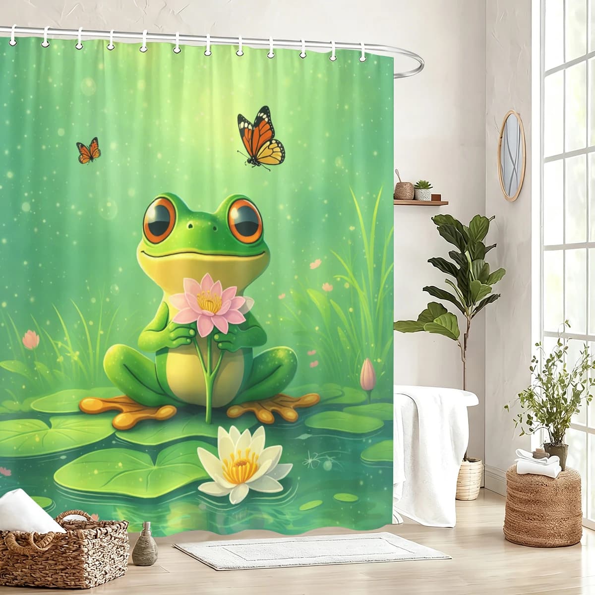 Cute Frog Themed Polyester Shower Curtain - Lovely Cartoon Animal Printed Bath Curtain for Bathroom Decoration