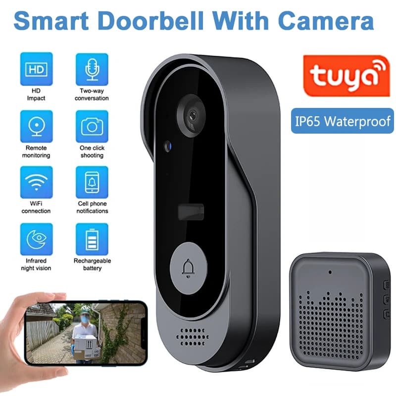 WlFl Tuya Campanello Telecamera Campanello impermeabile senza fili Smart Home HD Telecamera per telefono esterno Videocitofono di sicurezza Visione notturna