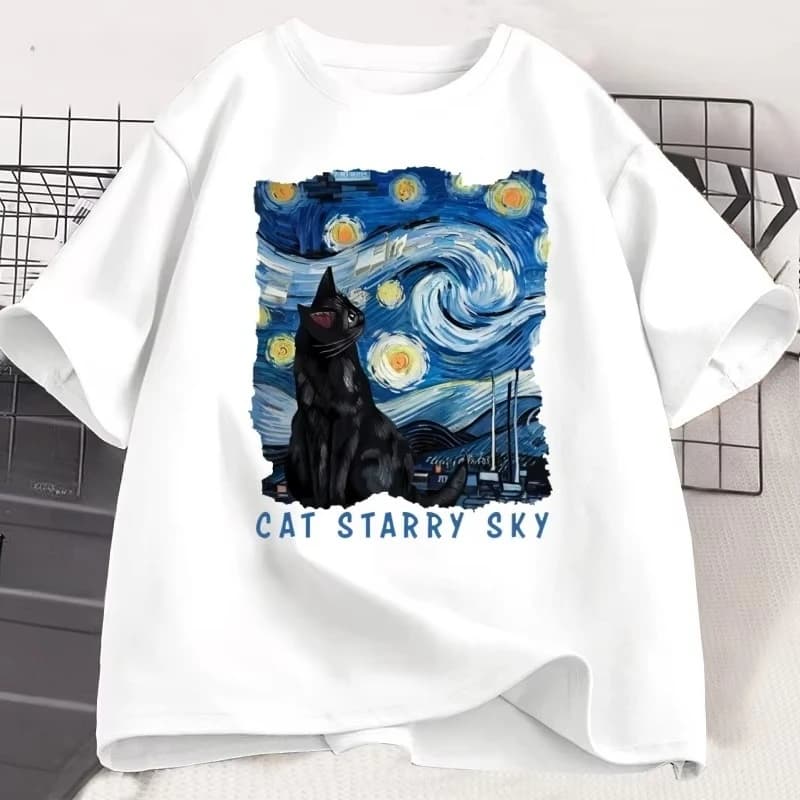 Cute Black Cat Starry Sky Night Vintage T-shirt Men Women Cotton Short Sleeve Round Neck Tshirt Casual Graphic Tshirt Clothes
