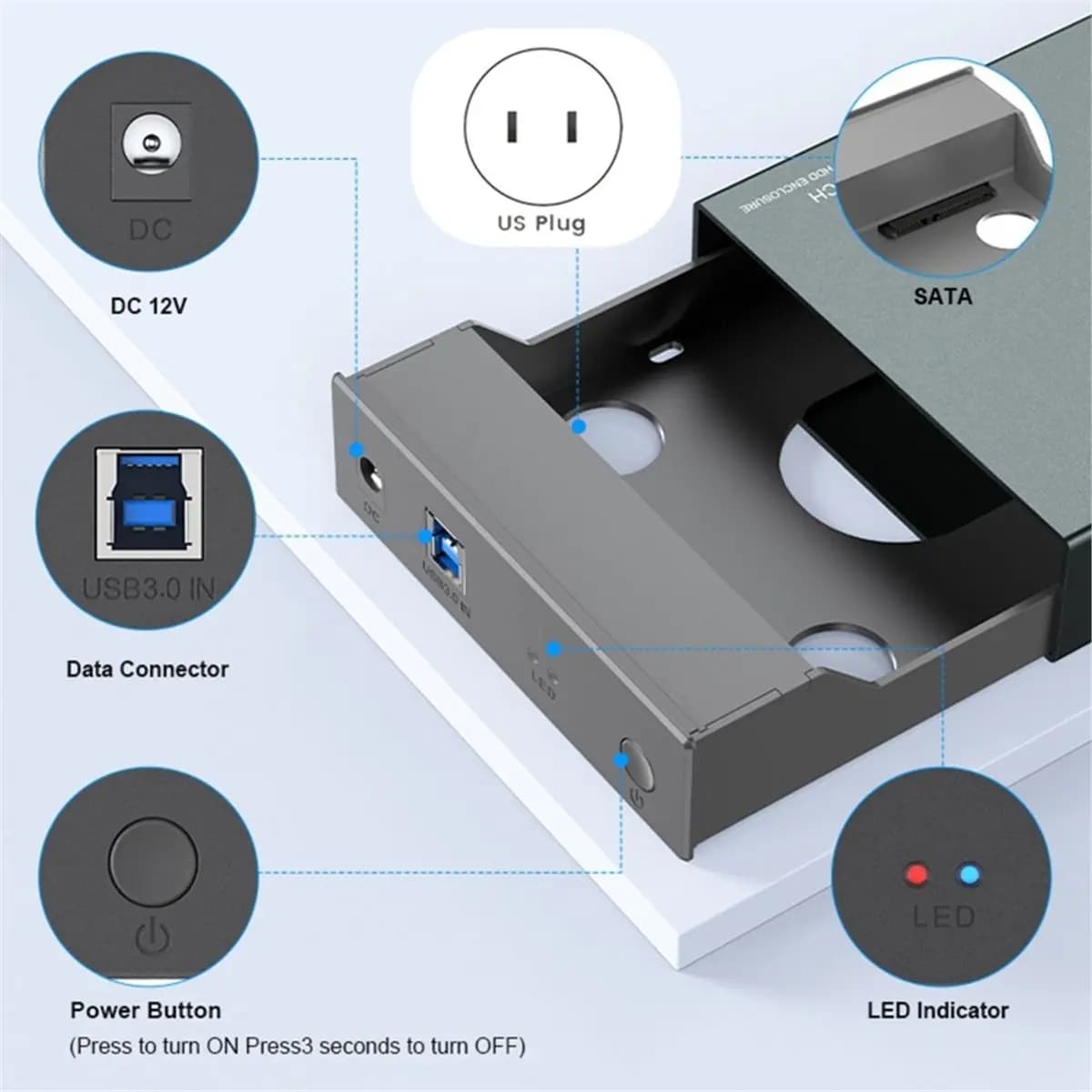 NEW FACTORY~USB 3.0 to SATA 6Gbps External Hard Drive Enclosure for 3.5" HDD SSD Support UASP Automatic Sleep Function US Plug