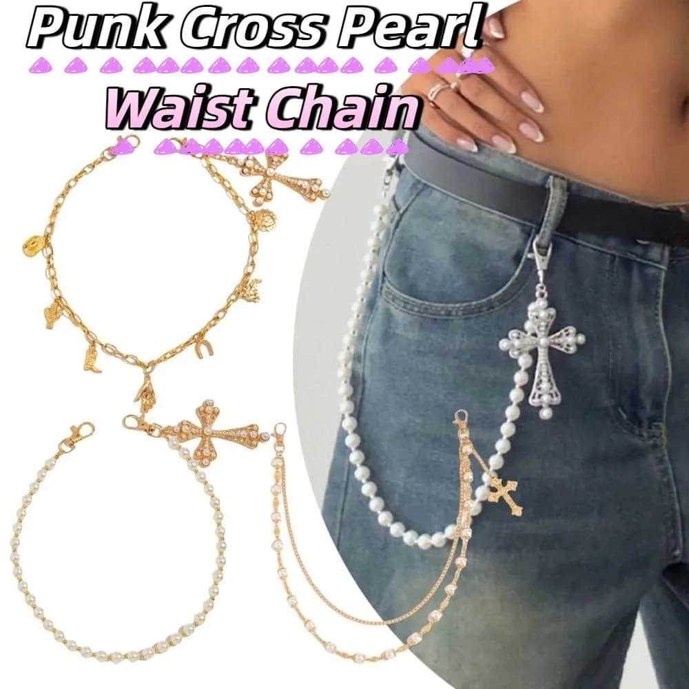 Fashion Gothic Belt Chain with Pearls, Crosses and Nappe, Jeans Chain, Bag Chain, Hip Hop Punk Chain