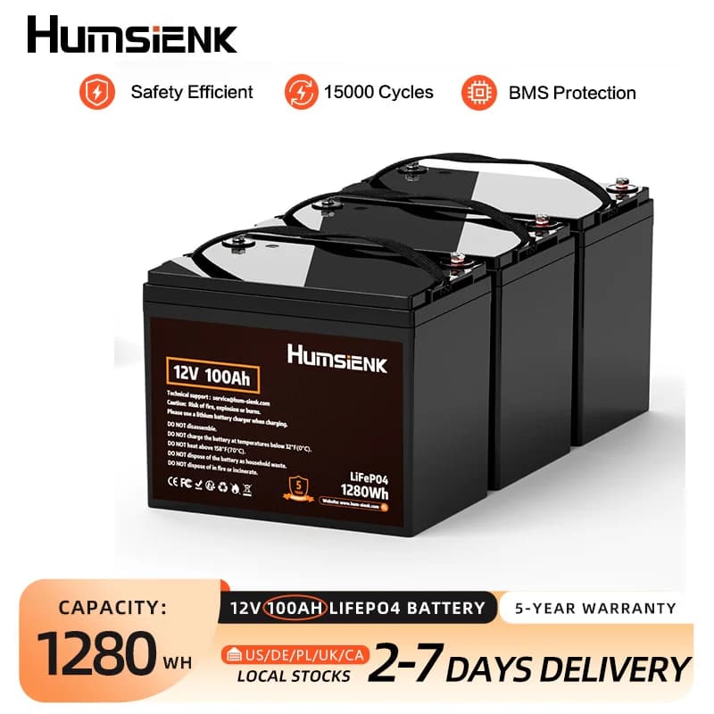 Batteria al litio LiFePO4 Humsienk 12V 100Ah, confezione da 3, con BMS integrato da 100A, 15000 cicli profondi, per camper, energia solare, off-grid, motore da traina