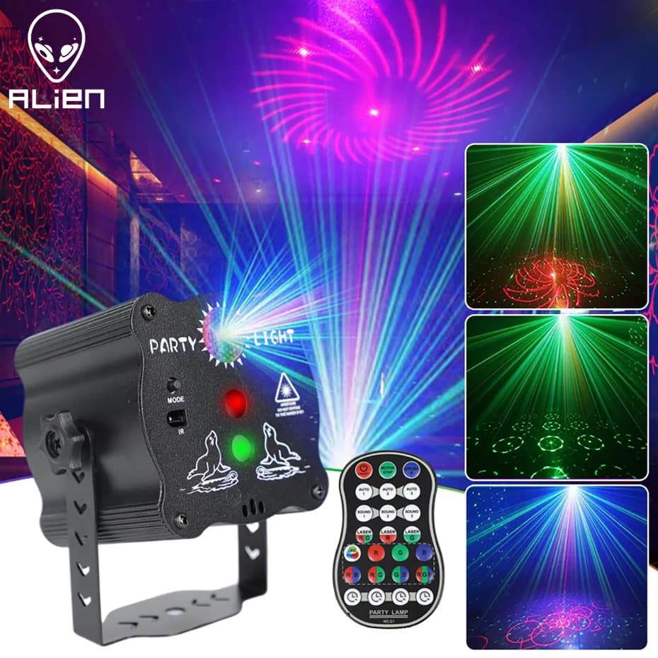 ALIEN RGB Mini DJ Disco proiettore di luce Laser USB ricaricabile LED UV suono stroboscopico effetto palcoscenico matrimonio festa di natale lampada per feste