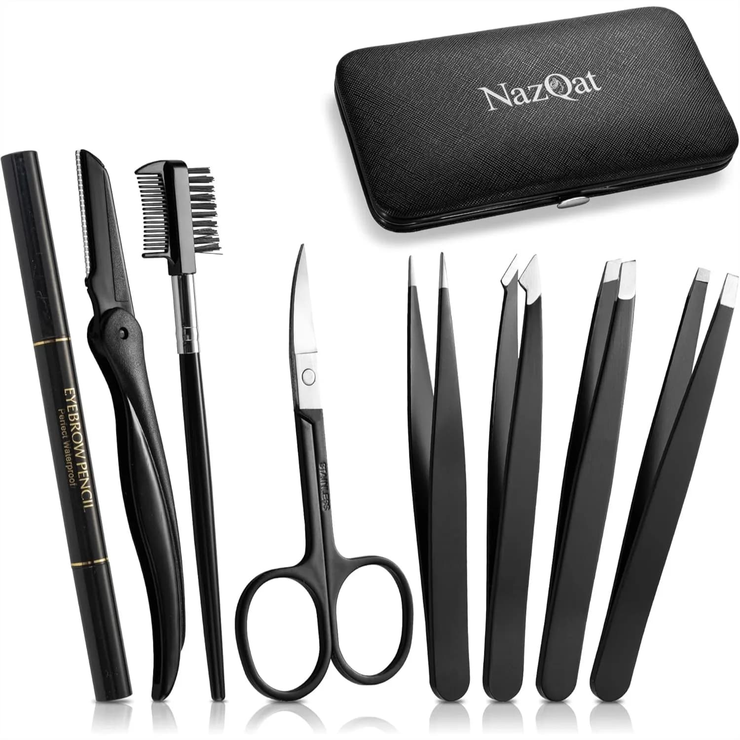 Kit per la cura delle sopracciglia 8 in 1 con 4 pinzette di precisione, rasoio, forbici, pennello e matita - Strumenti in acciaio inossidabile in custodia imbottita