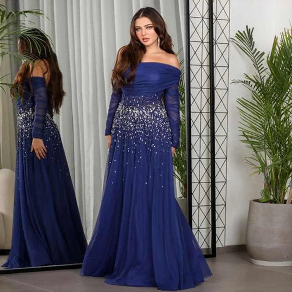 Abito da sera in cristallo di lusso con spalle scoperte maniche lunghe abito da sera blu royal una linea di tulle abiti da ballo lunghi fino al pavimento personalizzati