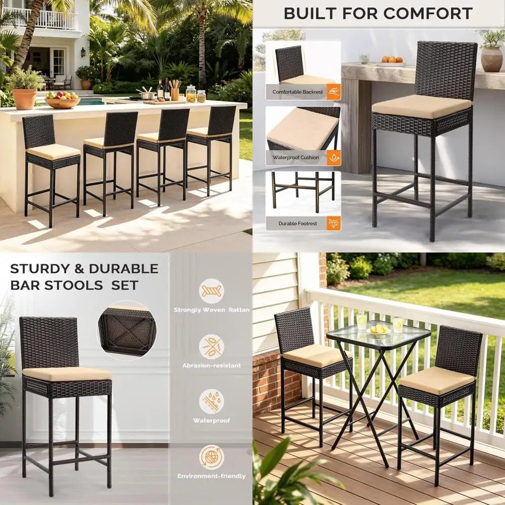 Outdoor Wicker Bar Stool Set o 2, Patio Bar Stools w/Cushion, Bar Height Patio Chairs Outdoor Rattan Barstools or Garden Pool La