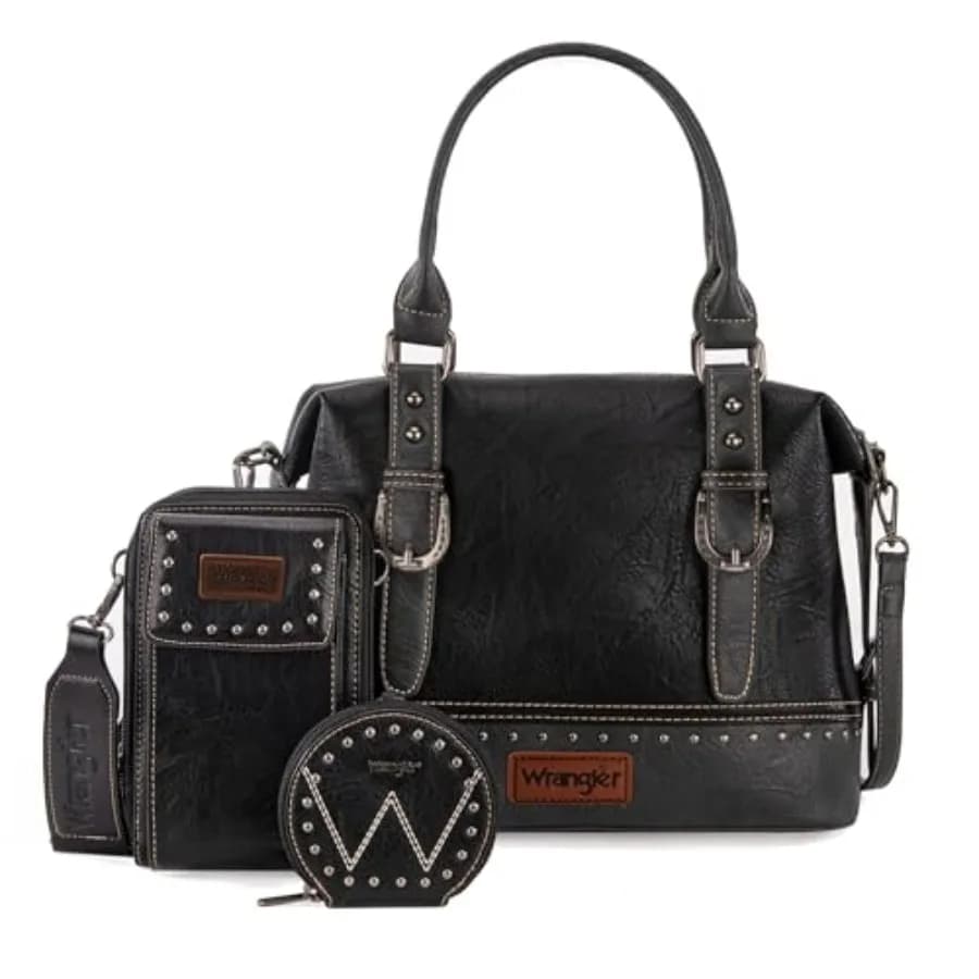 Set di 3 Borse da Donna Wrangler: Borsa a Mano con Tasca per Cellulare e Portamonete in Poliestere Nero Resistente