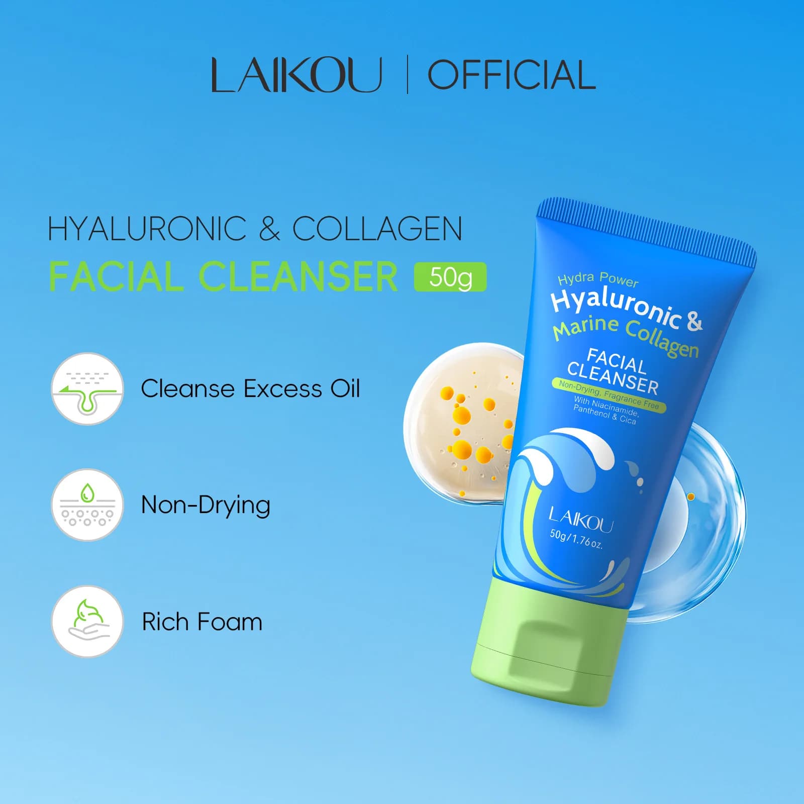 Detergent Laikou Face with Hyaluronic Acid and Collagen 50g, Deep Cleansing, Hydrating and Delicate for Skin Care
