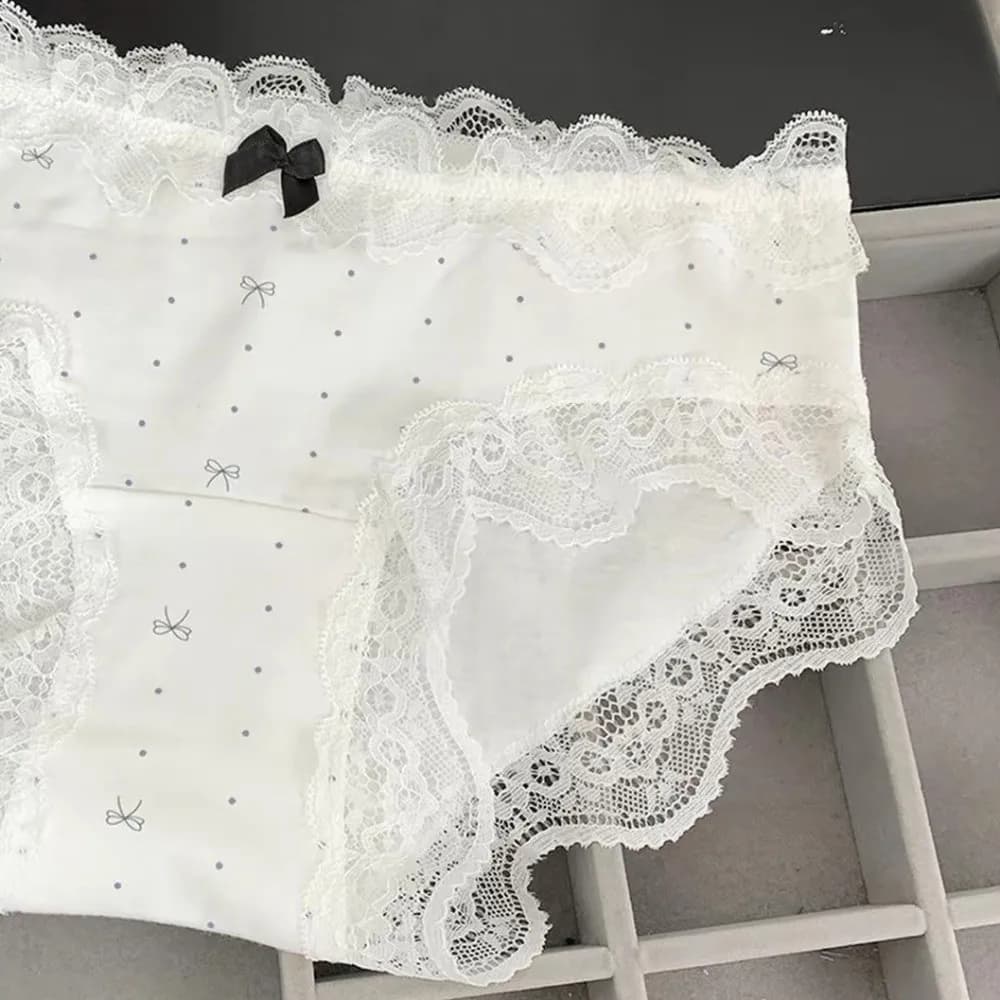 Comfortable Mid Waist Sweet Lace Panties Tulip Bow Underwear for Women Polka Dot Grid Floral Cotton Pnaties Summer