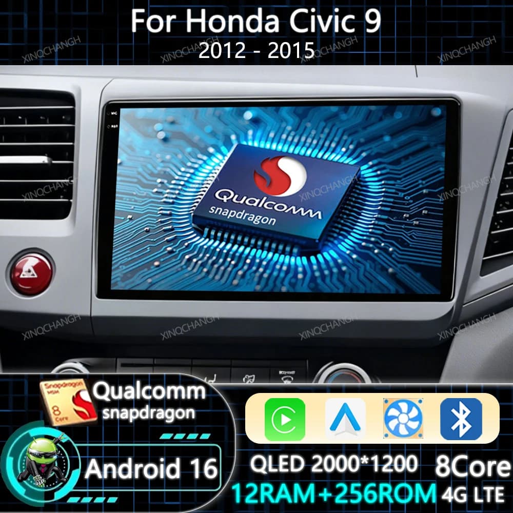 Android 16 Car Radio For Honda Civic 9 2012 2013 2014 2015 Multimedia Video Player Qualcomm BT Carplay Auto Head Unit 2DIN QLED
