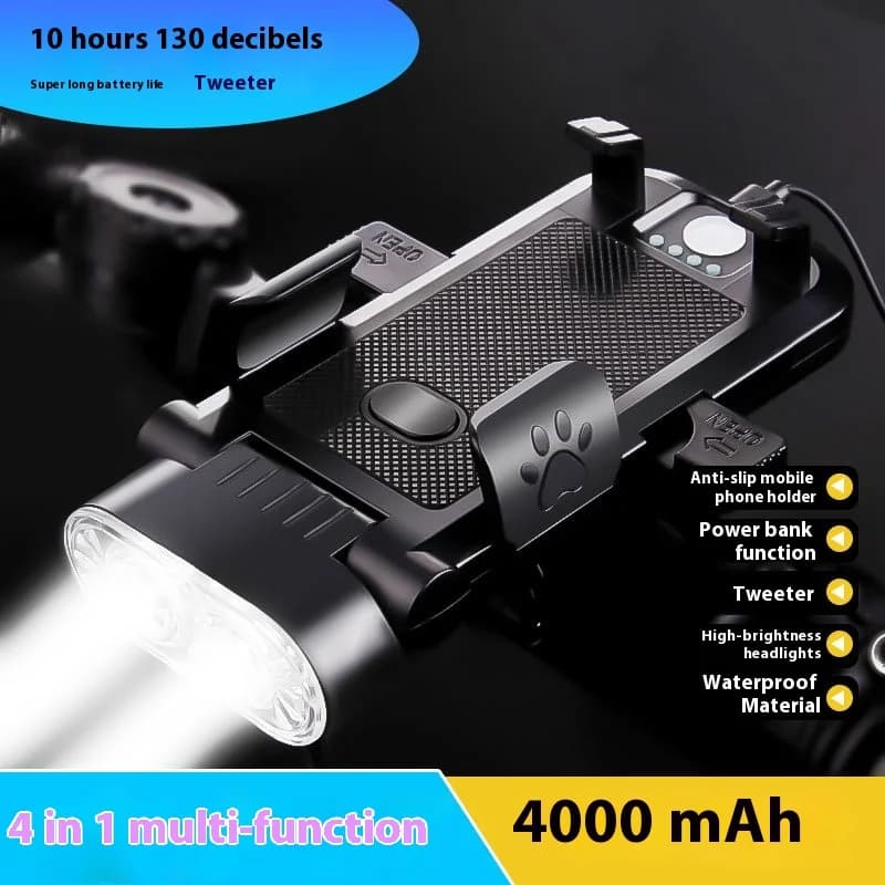 New mobile phone support with front light for night light 4 in 1 with driver and power bank for mountain bike