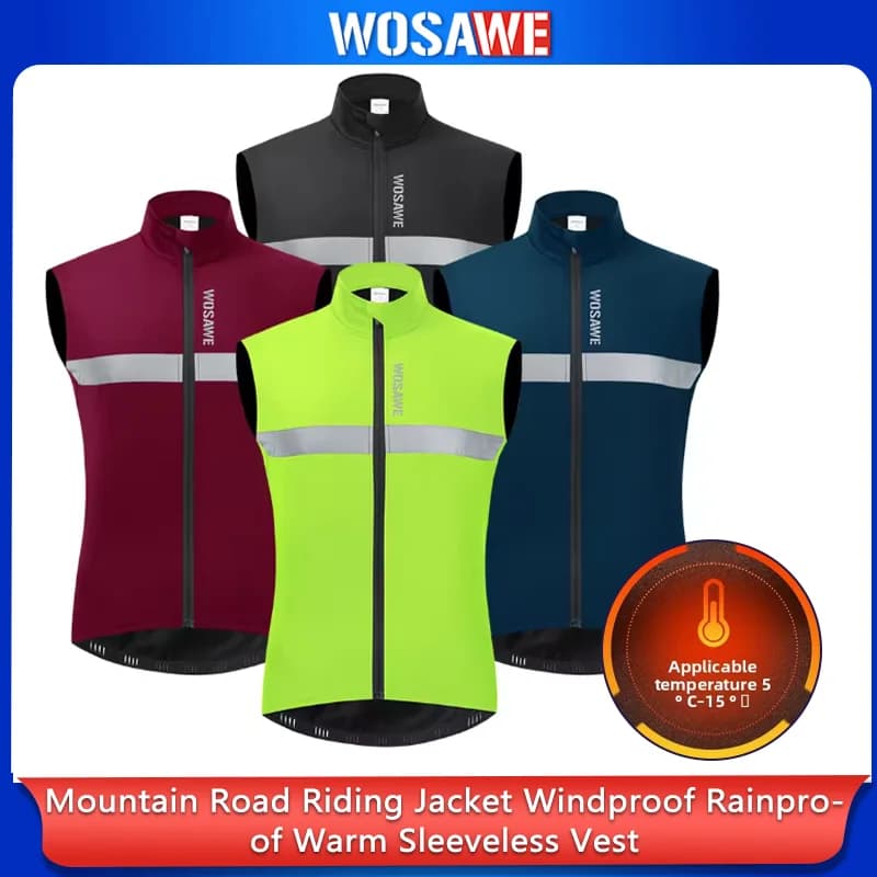 WOSAWEMen's Cycling Jacket Windproof and Rainproof Fleece Warm Sleeveless Vest with Fleece Lining for Mountain and Road Bikes