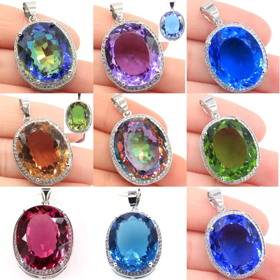 Buy 5 Get 1 Free 34x21mm Big Oval Gemstone Fire Rainbow Mystic Topaz Green Peridot London Blue Topaz Silver Earrings Pendant