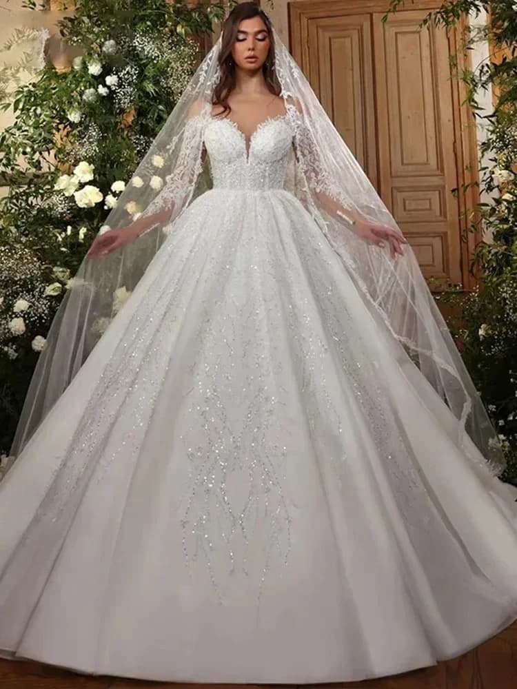 Abito da sposa a maniche lunghe con applicazioni di perline ricamate di lusso personalizzate Abito da sposa con scollo rotondo Vestido de novia Abito da ballo
