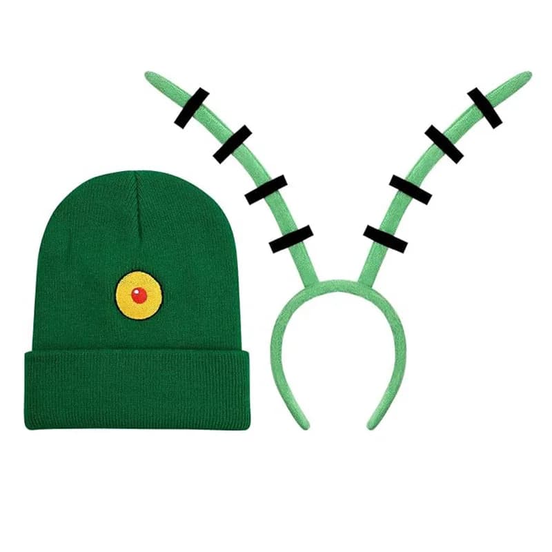 Uomo Donna Cappello verde con occhi grandi e fascia per antenna per costume da festa di Halloween Ocean Sea Plankton Anime Cosplay Dress up Accessorio