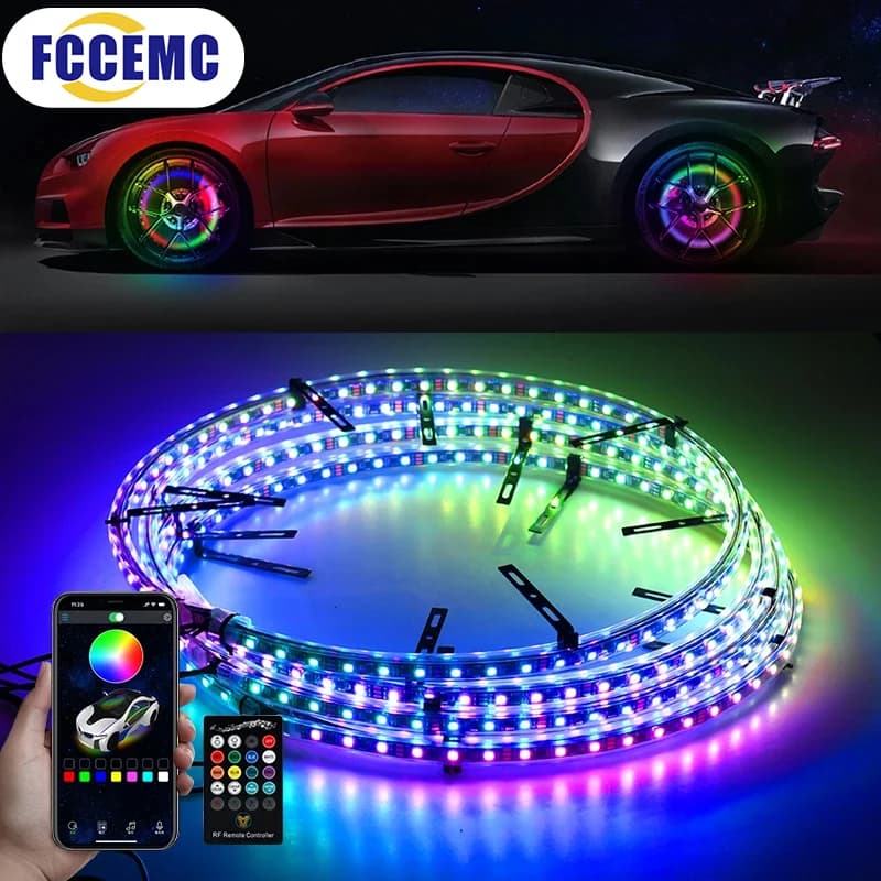 Symphony LED Car Hub Lamp Two Sided APP Remote Sound Control 12V Waterproof Neon Wheel Ring Automatic decorative atmosphere light