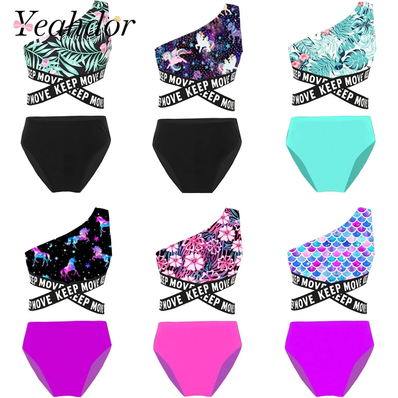 Costumi da bagno per ragazze Bambini Asimmetrico Tracolla singola Stampa Crop Top Slip Piscina Costume da bagno Set Beachwear Costume da bagno