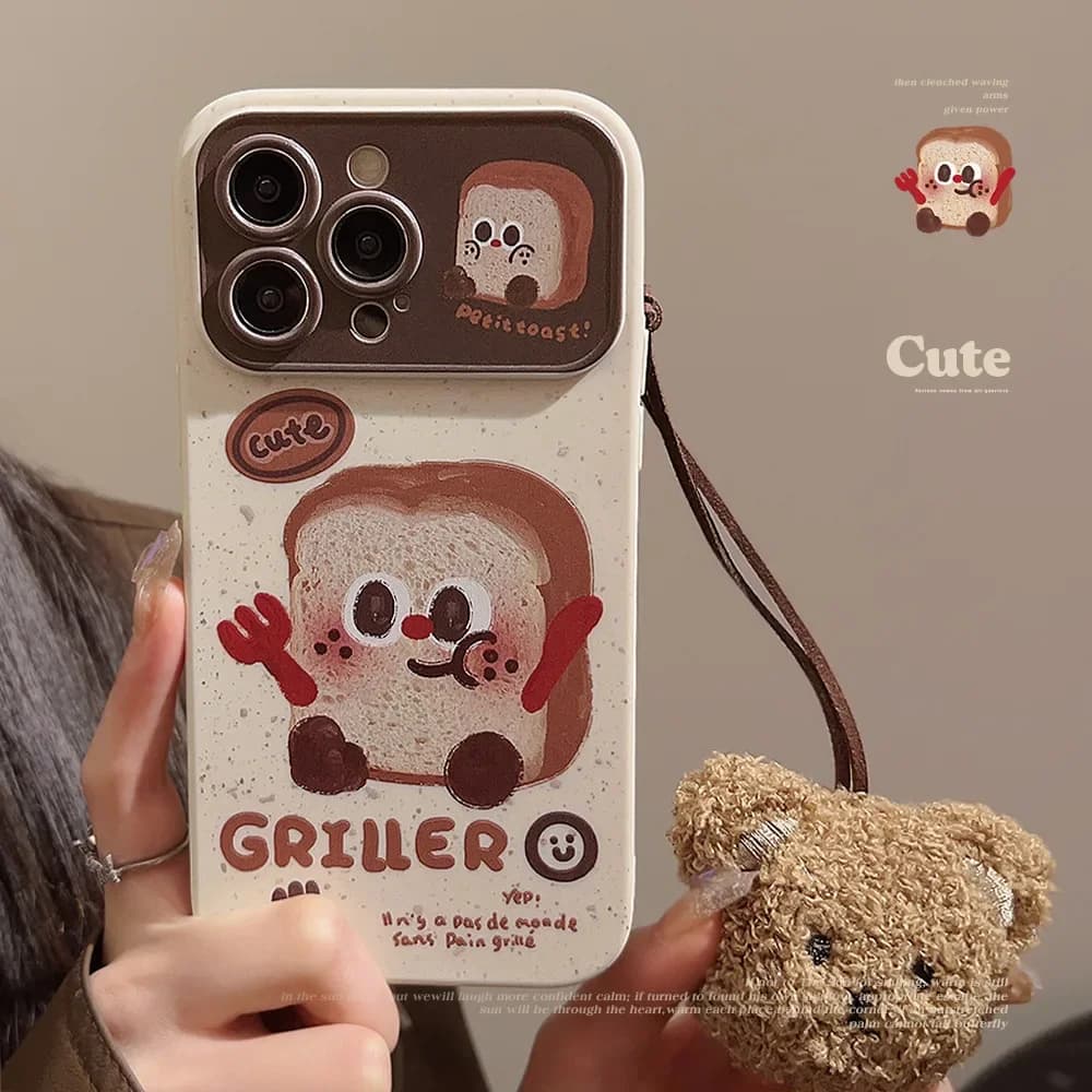 Custodia per telefono con stampa toast divertente e carina con custodia per telefono con cordino in peluche per iPhone 16 15 Pro Max 12 13 Pro 14 11 XS 7 Plus Cover