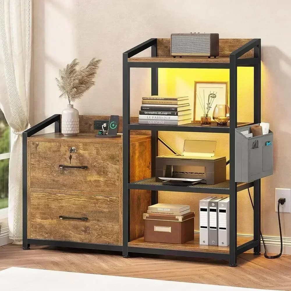 Rustic Brown Home Office Cabinet with Power Strip, LED Lights, Lock, Open Shelf, Letter/A4 Size