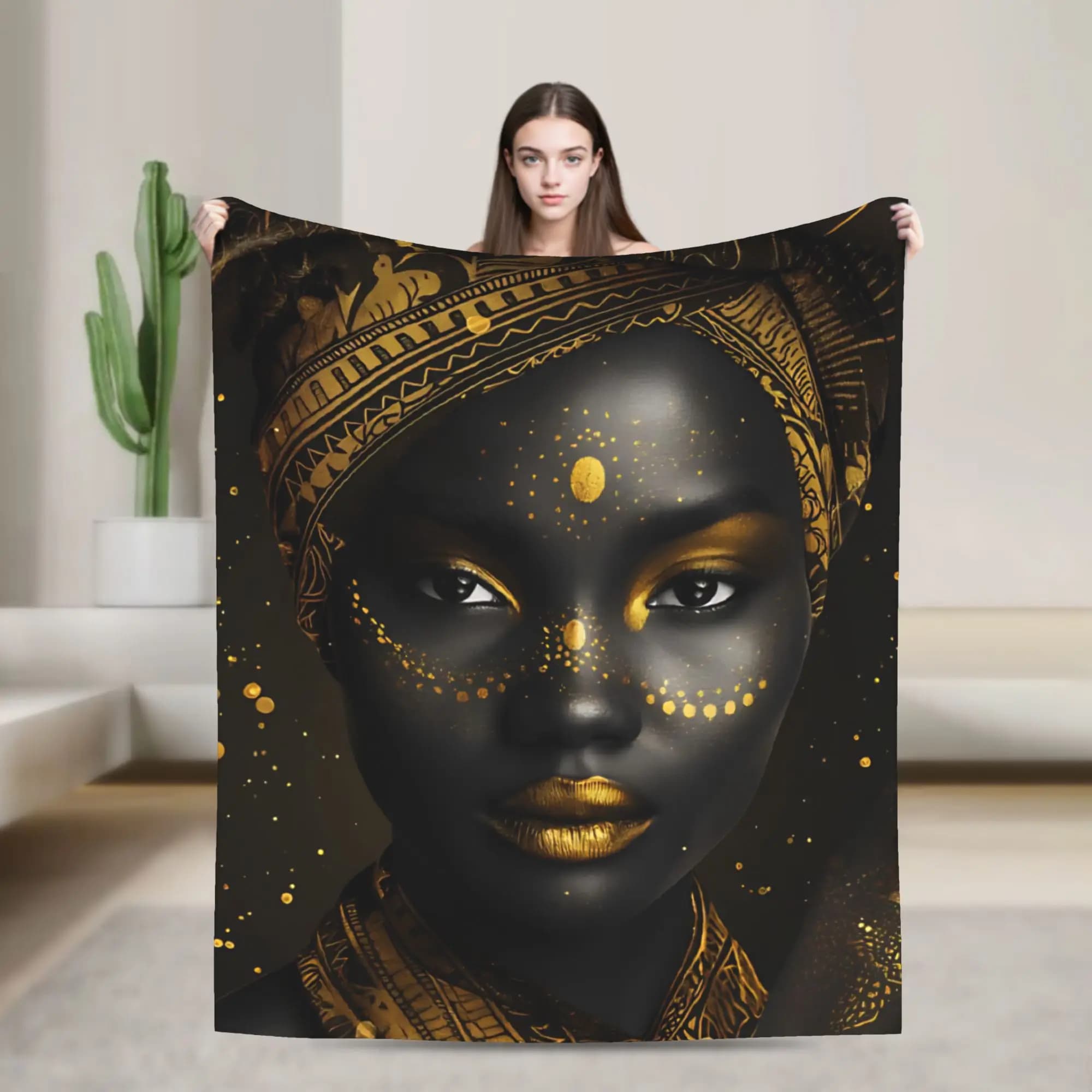 african woman African Art Black And Gold Knitted Blankets Flannel Throw Blankets Bed Sofa Personalised Soft Warm Bedspreads,
