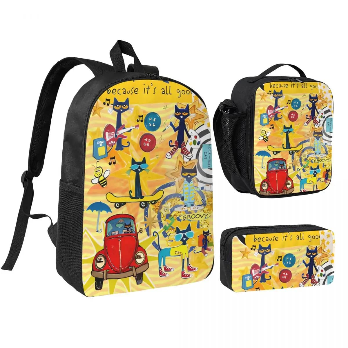 3pecs/set Pete The Cat Cool Kitten Backpack for Boys Girls Laptop Shoulder Bag Lunch bag Pencil Case
