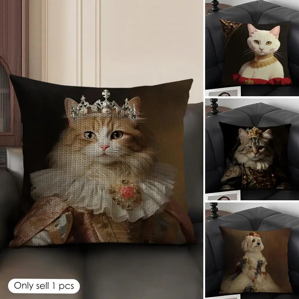 Fodera per cuscino Renaissance Royal Cat in lino naturale, tessuto organico, stampa fronte-retro, per divano, decorazione per la casa, regalo, federa