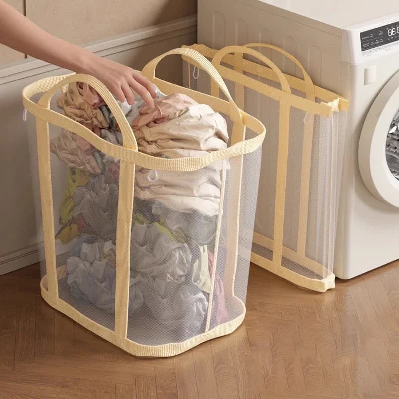 Large Capacity Breathable Mesh Laundry Basket Nylon Foldable Portable Dirty Clothes Storage Bag with Handle JJ1280