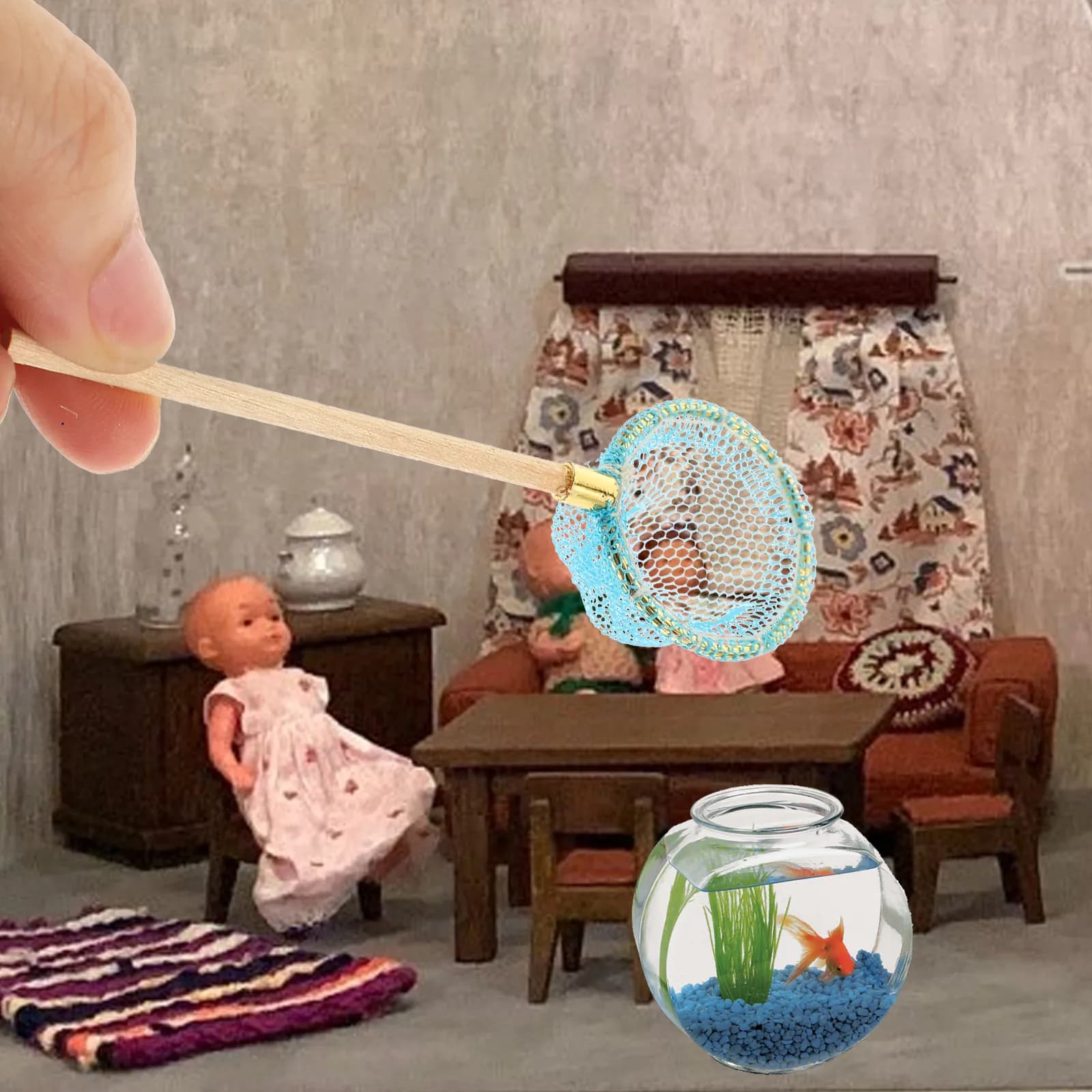 Set di 1 Mini Canna da Pesca in Legno con Rete per Decorazione Scenografica in Miniatura per Casa delle Bambole e Ornamenti per Scenari in Miniatura