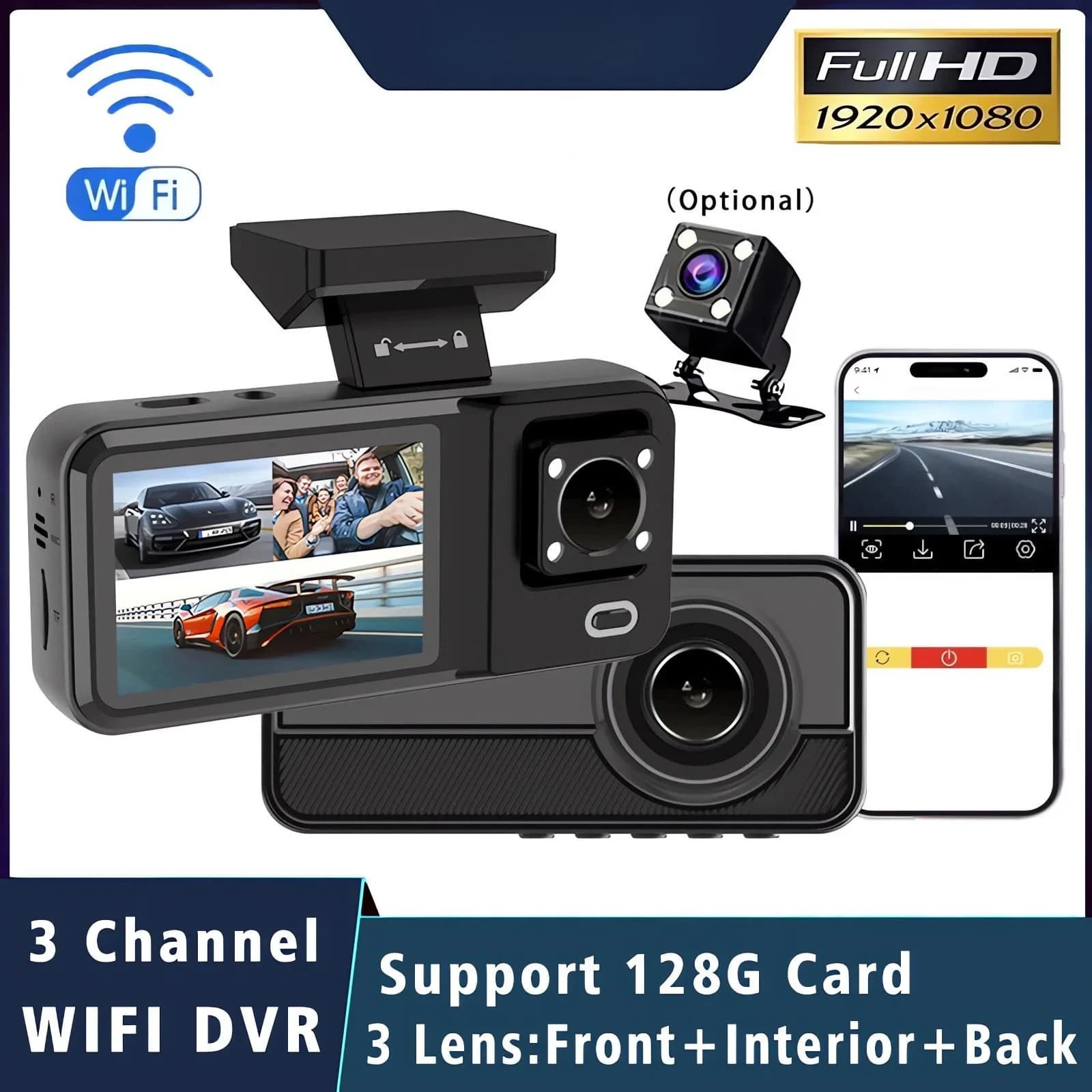 Videoregistratore DVR per Auto a 3 Canali WIFI HD 1080P, Telecamera per Abitacolo, Registratore Video a Tre Vie, Mini Dashcam