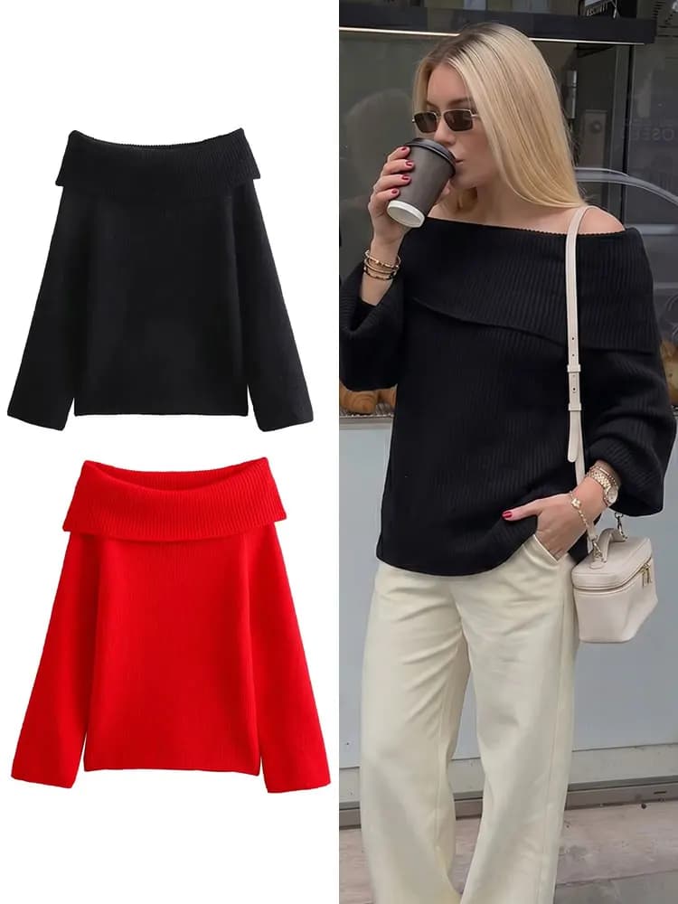 HH Woman Elegant Knit Tops Off Shoulder Long Sleeve Sweater for Womens Autumn Vacation Casual Pullover Party High Street Outfits