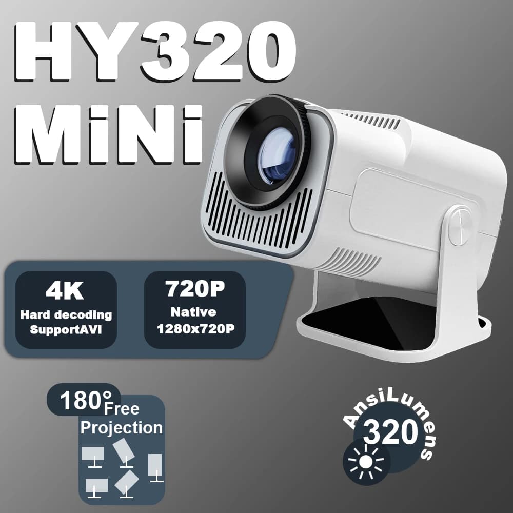 Mini proiettore HY320 4K Android 11 300ANSI WiFi 6 BT5.0 Allwinner H713 Proiettore cinematografico nativo 720P per esterni 180 ° Girevole bianco