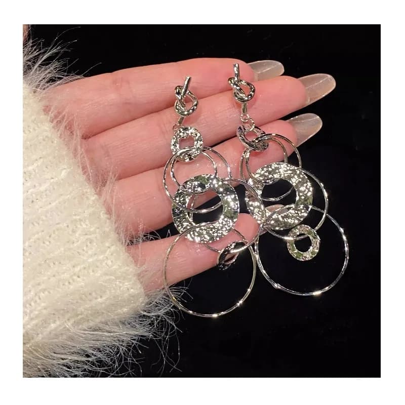 "Light and Shadow Art" Light Luxury Geometric Circle Earrings Women's Silver Long Fringed Earrings High-end Dress