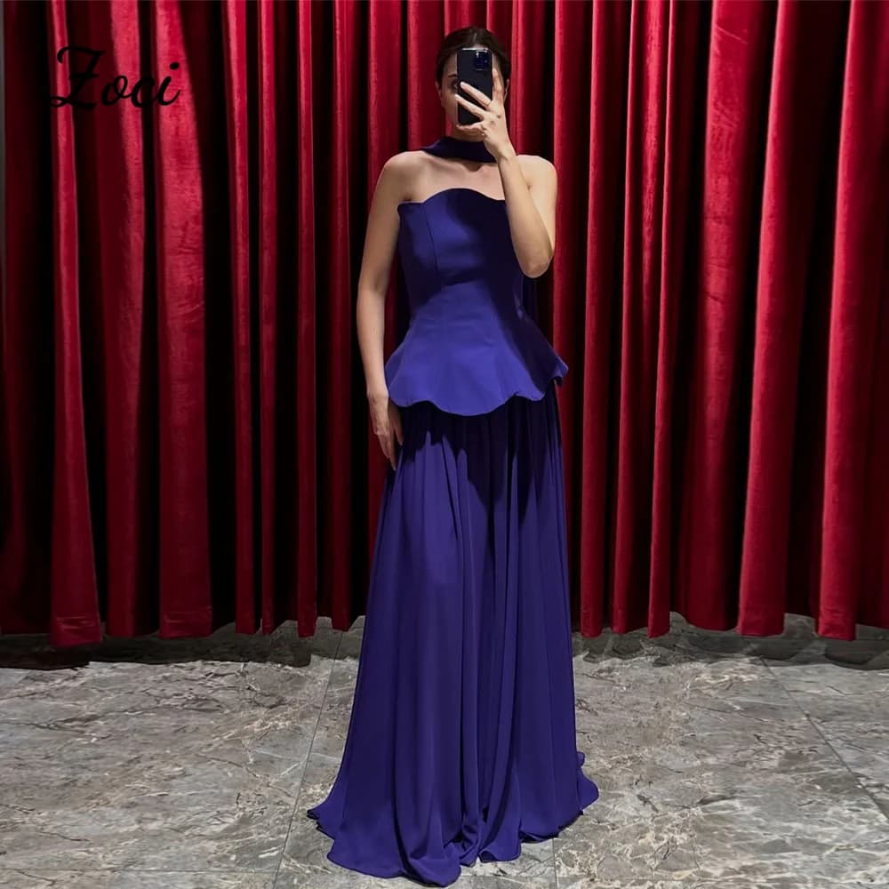 Zoci personalizzati abiti da ballo in chiffon di raso blu senza spalline blu una linea abito da sera per matrimonio scialle abiti per occasioni speciali