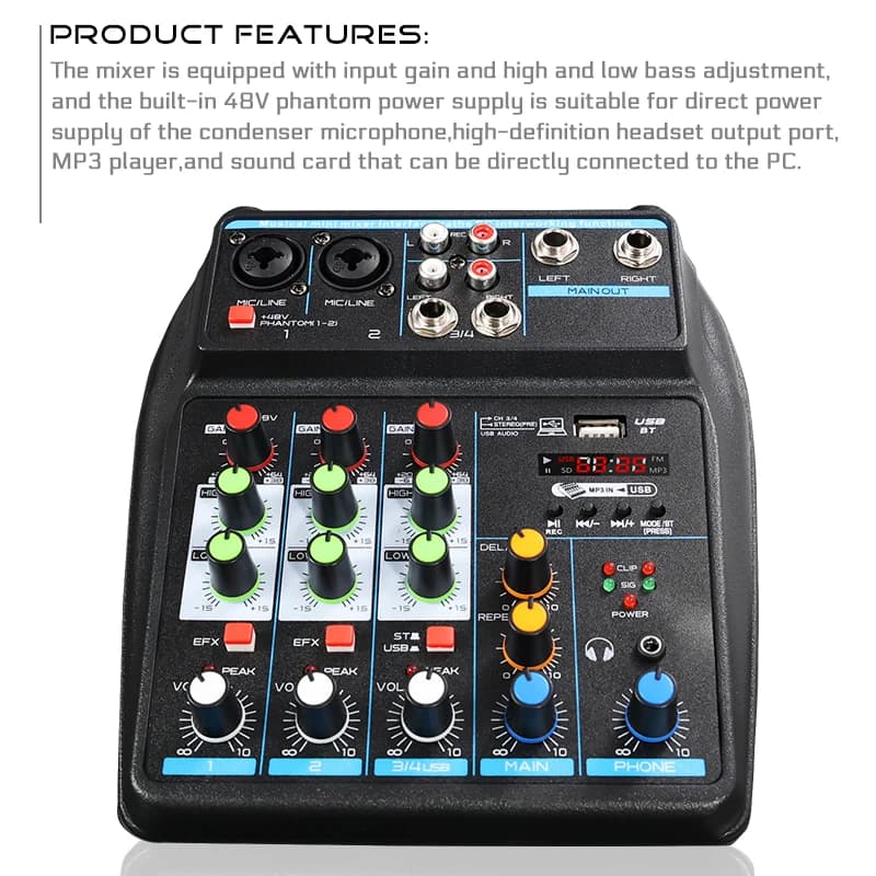 Mixer professionale a 4 canali con alimentazione Phantom 48V, mixer console DJ Bluetooth Karaoke da studio USB