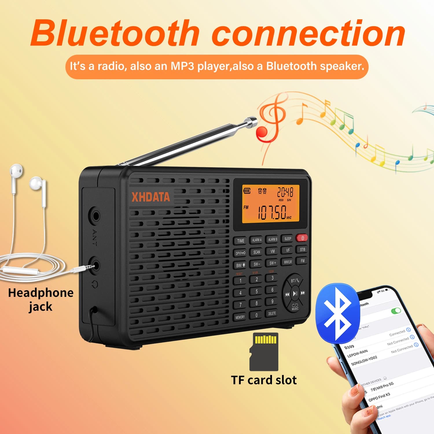 XHDATA D-109 Radio portatile digitale Stereo AM SW MW Radio FM supporto Radio multifunzionale compatibile con Bluetooth lettore di schede TF