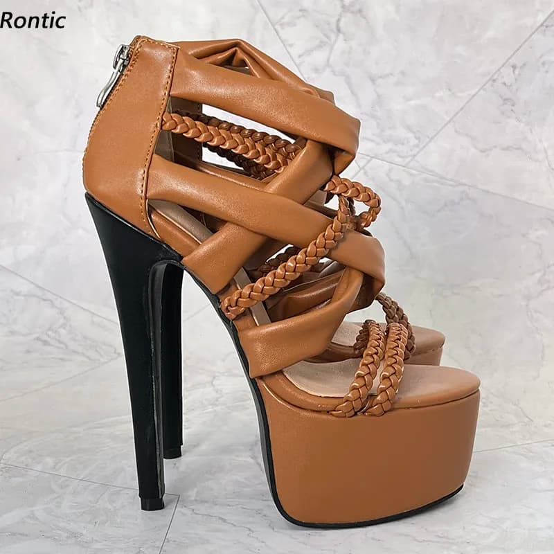 Rontic New Women Platform Summer Sandals Sexy Thin High Heels Round Toe Brown Green Party Shoes Ladies US Plus Size 5-20