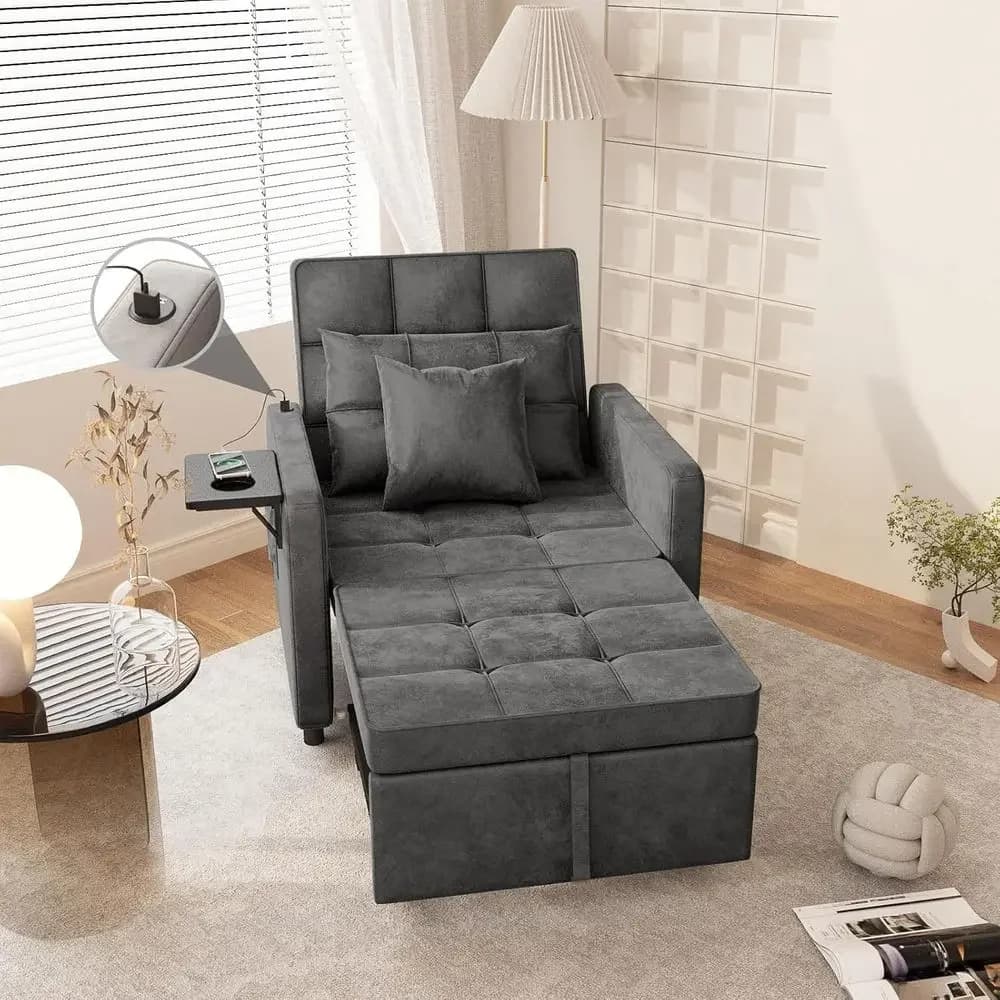 3-in-1 Convertible Bed Chair with Wing Table, USB Ports, Velvet Sleeper, Adjustable Backrest, 2 Pillows, Easy Assembly, Grey