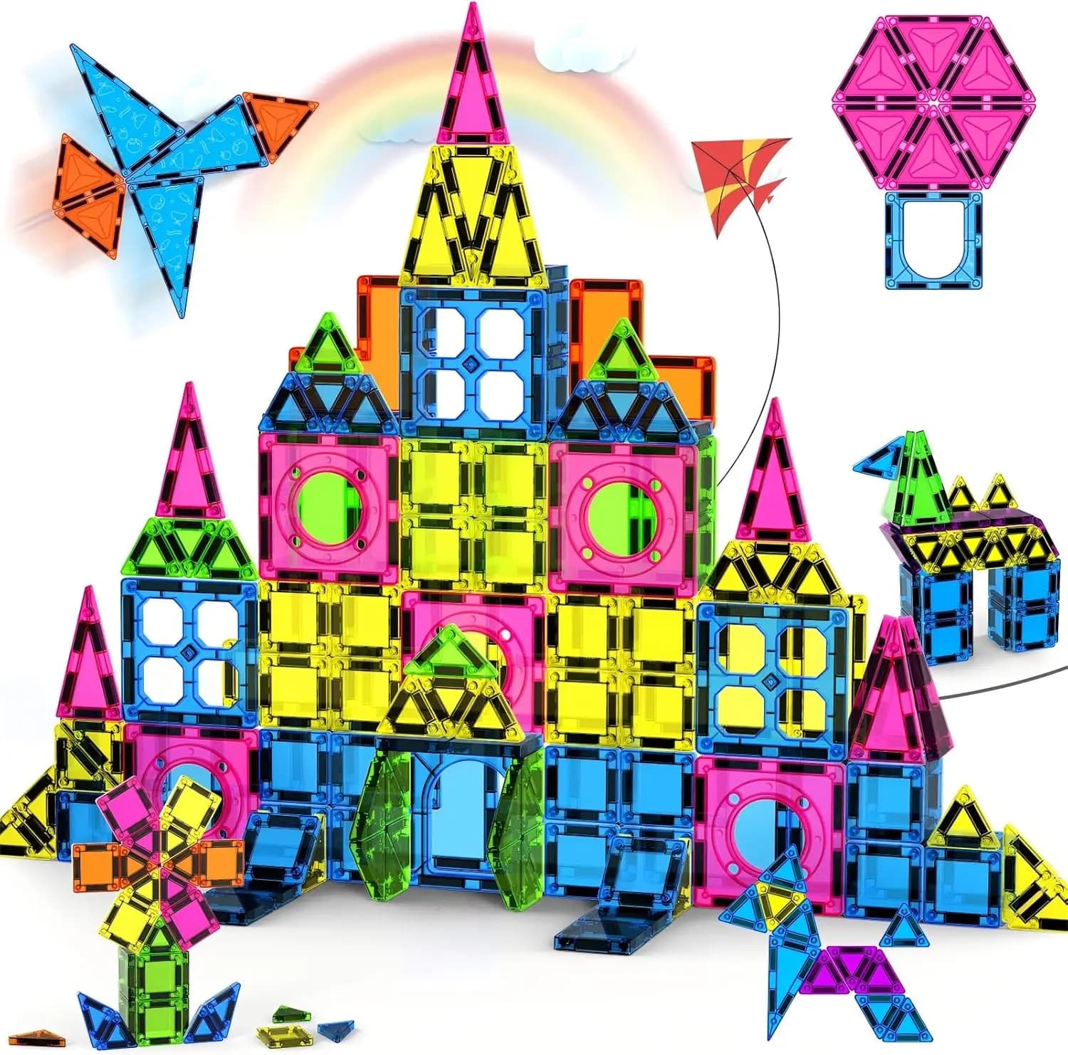 Set di 250 Pezzi di Piastrelle Magnetiche 3D STEM, Blocchi Educativi per Bambini con Adesivi