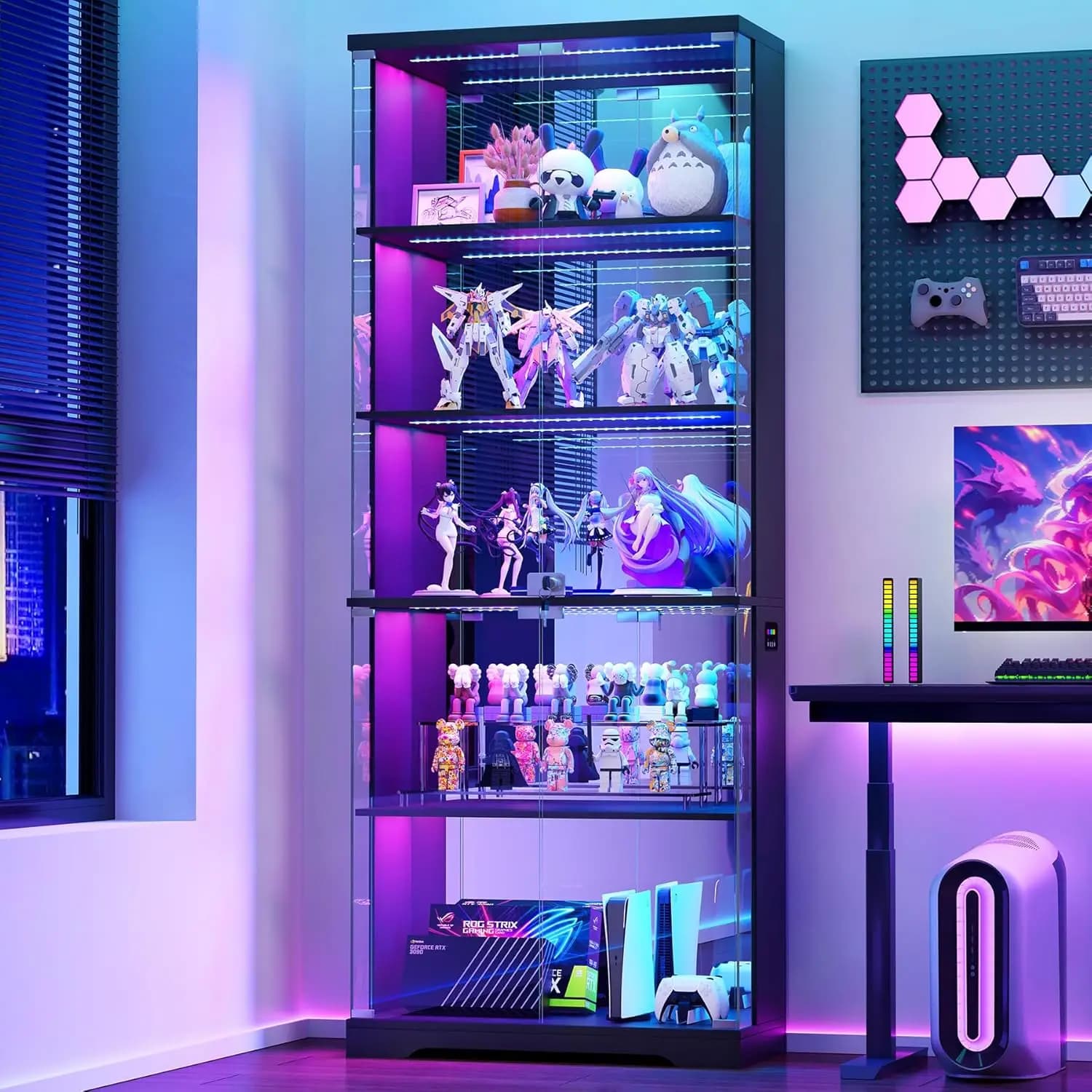 Glass Display Cabinet with Doors and RGB LED Lights | 69" Tall Curio Cabinet, 5-Tier Wooden Shelves, Lockable Display, Custom
