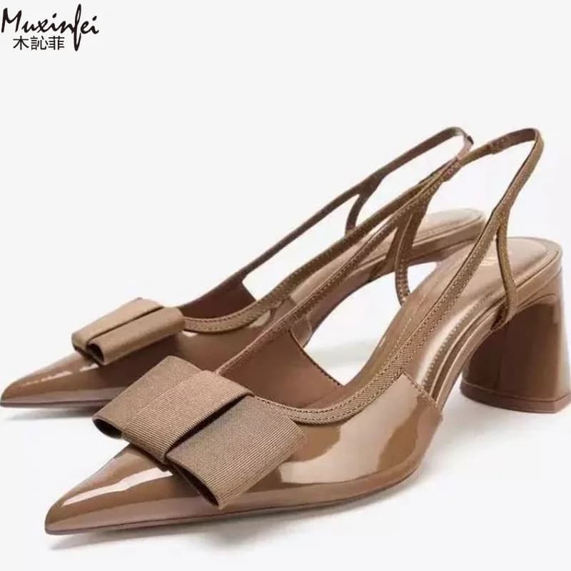 Nuove scarpe estive da donna con decorazione a fiocco nero, tacco a vista, tacco grosso, tacco a spillo, sandali bassi